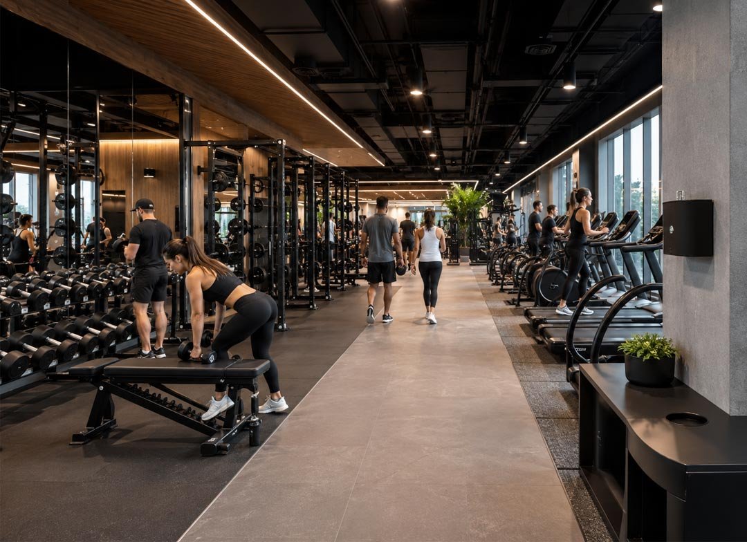 gym scents Modern premium gym with members exercising and discreet scent diffusion equipment for professional gym scent marketing and fitness centre scenting.